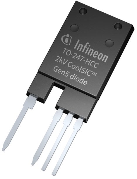 Infineon addresses this challenge by introducing the CoolSiC Schottky diode 2000 V G5, the first discrete silicon carbide diode on the market with a breakdown voltage of 2000 V